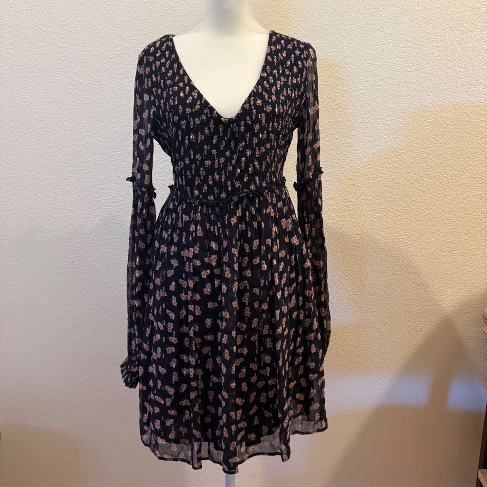Free People Floral Smocked Mini Dress Black Pink Metallic Open Back Bell Sleeve